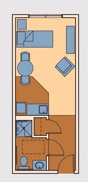 Floor plan of a small studio apartment featuring a bed, a round dining table with two chairs, a desk with a chair, a kitchenette with a sink, a bathroom with a shower, toilet, and sink, and an entry door.