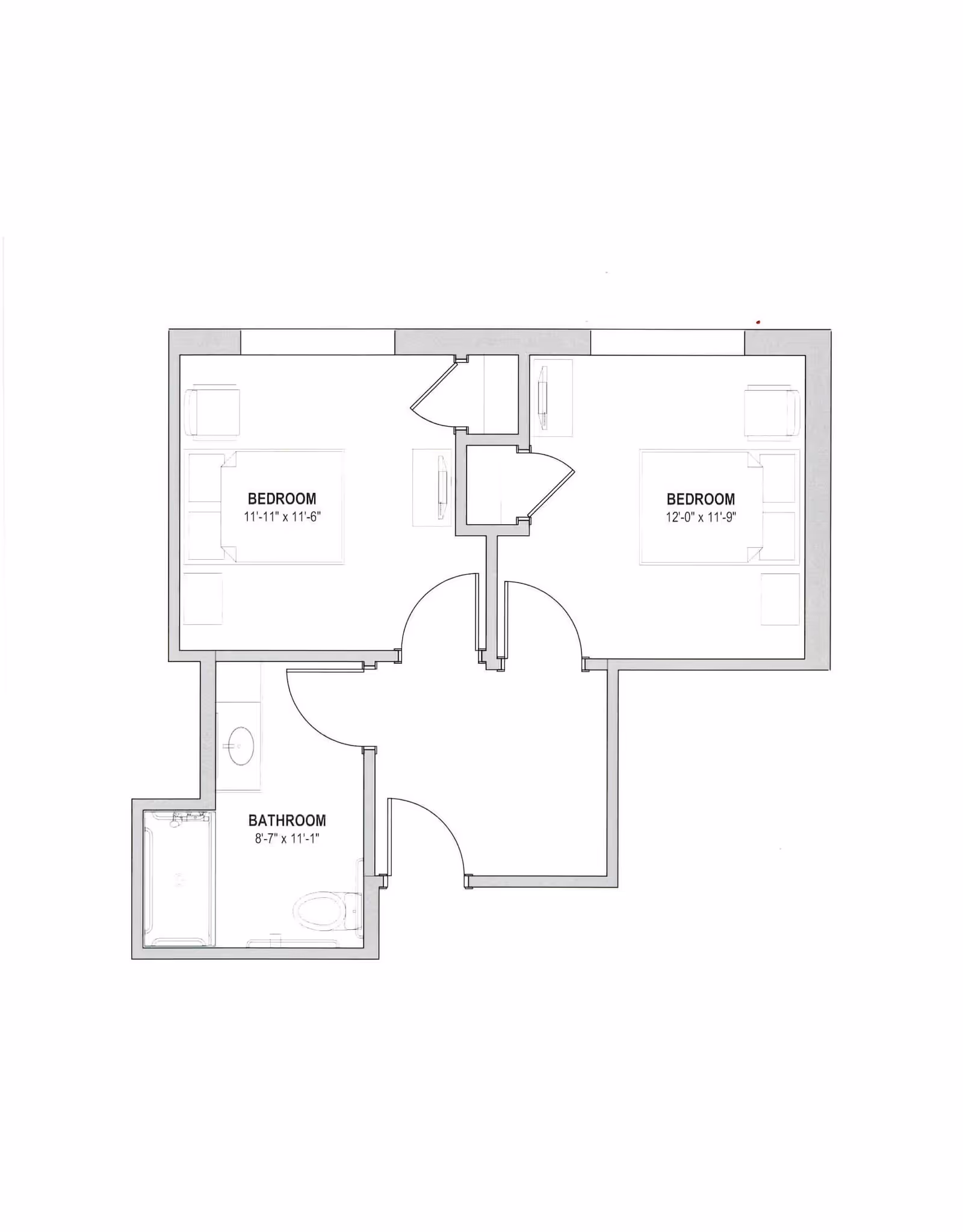 Black-and-white floor plan of an apartment showing two bedrooms and one bathroom with a central entry area.