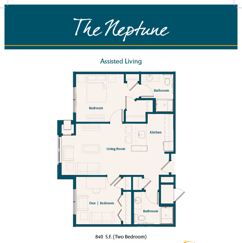 Floor plan of The Neptune assisted living unit at HarborChase of Mandarin, showing two bedrooms (one labeled Den/Bedroom), two bathrooms, a kitchen, and a living room area with furniture layout.