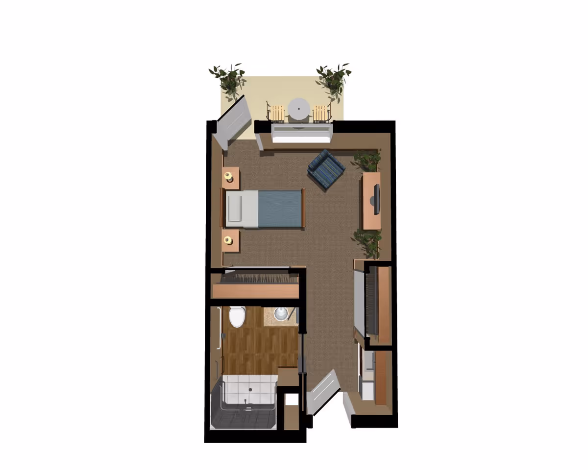 3D floor plan of a studio apartment featuring a bedroom area with a bed, two nightstands, a chair, and a TV on a stand. The layout includes a bathroom with a toilet, sink, and shower, as well as a small kitchen area. There is also a small balcony with a table and two chairs.