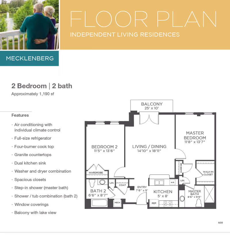 Floor plan information for Mecklenburg independent living residences at Woodland Terrace, featuring 2 bedrooms and 2 bathrooms, approximately 1,190 square feet. The image includes a list of features such as air conditioning with individual climate control, full-size refrigerator, four-burner cooktop, granite countertops, dual kitchen sink, washer and dryer combination, spacious closets, step-in shower in master bath, shower/tub combination in second bath, window coverings, and a balcony with lake view. There is also a small photo of an elderly couple standing on a balcony overlooking a lake.