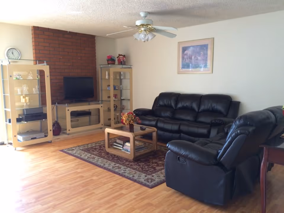 Spacious living room with black leather sofas, a coffee table on a rug, glass display cabinets and a TV against a brick accent wall.
