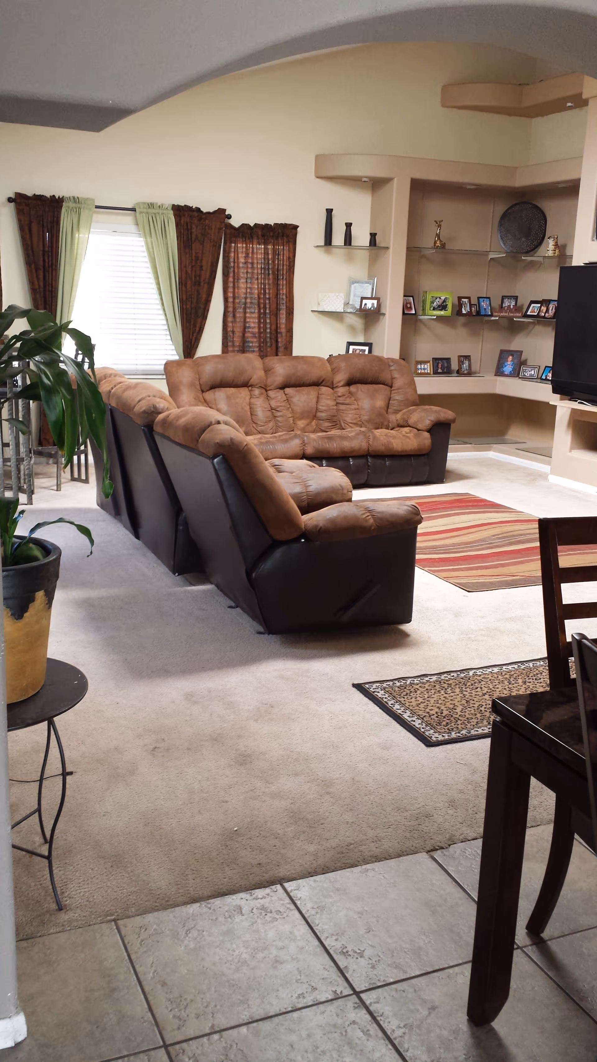 Living room with a brown sectional sofa, area rugs, built-in shelving with framed photos and a TV, and potted plants.