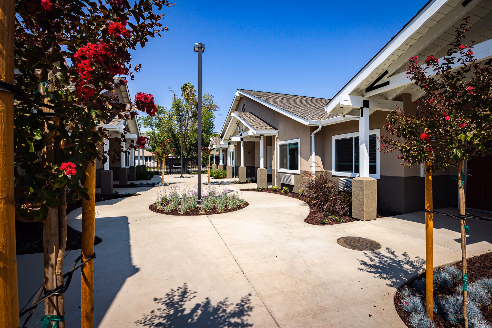Outdoor courtyard area of a senior living facility with single-story beige buildings featuring white trim and small porches. The courtyard has a circular concrete pathway with a landscaped center island containing plants. There are young trees with red flowers planted along the walkway under a clear blue sky.