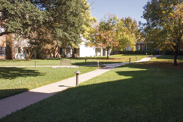 Sunlit courtyard with paved walkways, grass, trees, a bench, and surrounding senior living buildings.