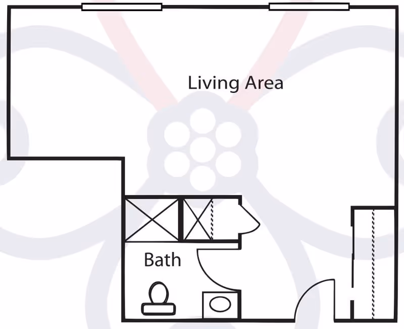 Floor plan layout showing a living area and a bathroom with a toilet and sink. The living area is the main space and the bathroom is located in the lower left corner with a door opening into the living area.