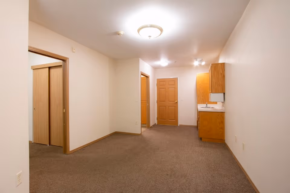 An empty interior room with beige walls and carpeted floor. There is a wooden door at the far end, a small wooden cabinet with a sink on the right wall, and two doorways on the left side, one with sliding wooden doors. The ceiling has two light fixtures.