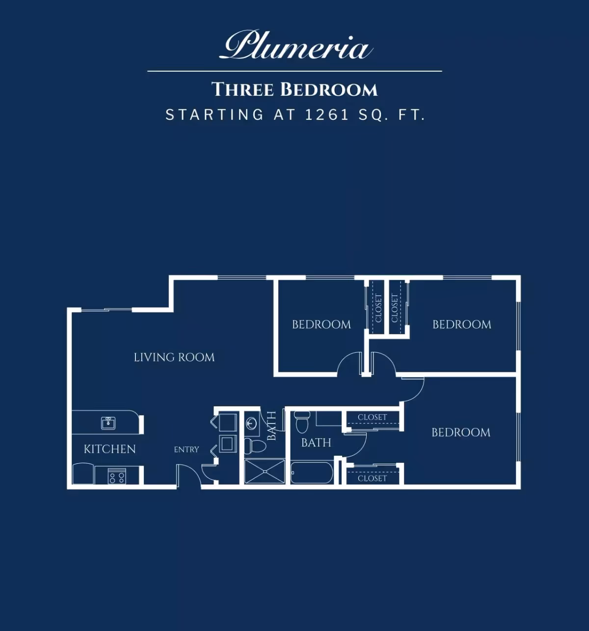 Floor plan of a three-bedroom apartment named Plumeria, starting at 1261 square feet, showing the layout including a living room, kitchen, entry, two bathrooms, and three bedrooms each with closets.
