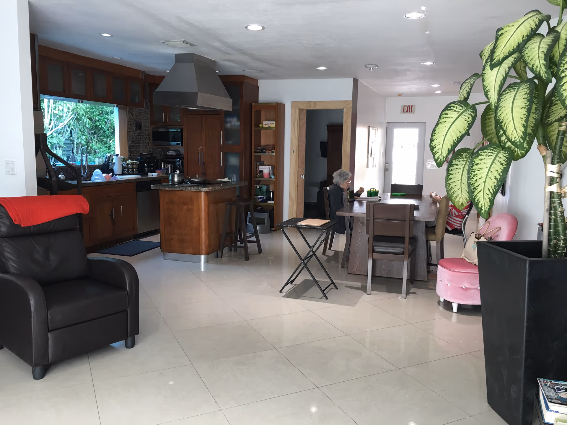 Interior view of a senior living facility showing a kitchen area with wooden cabinets and an island, a dining table with two elderly people seated and eating, a black leather armchair with a red blanket draped over it, a large potted plant, and a pink upholstered chair near the wall.