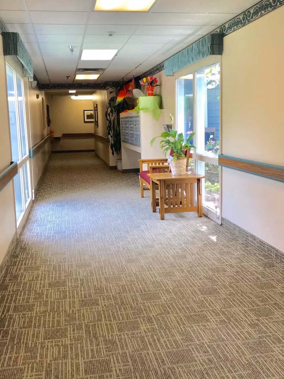 A well-lit hallway in an assisted living facility with patterned carpet flooring, beige walls, and a ceiling with fluorescent lights. On the right side, there are large windows with green valances, a wooden chair with a red cushion, a small wooden table with a potted plant, and a set of mailboxes decorated with colorful flowers and a rainbow flag. The hallway extends into the distance with framed pictures on the walls.