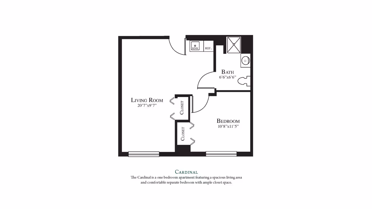 Floor plan of a one-bedroom apartment named Cardinal, showing a living room, bedroom, bathroom, closets, and a small kitchen area with a sink and refrigerator.