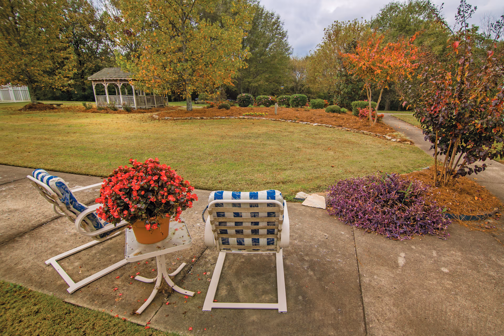 Outdoor garden area at Bridgewood Gardens featuring two white metal lawn chairs with blue and white striped cushions, a small white table with a pot of red flowers, a concrete pathway, green grass, various shrubs, trees with autumn foliage, and a white gazebo in the background.