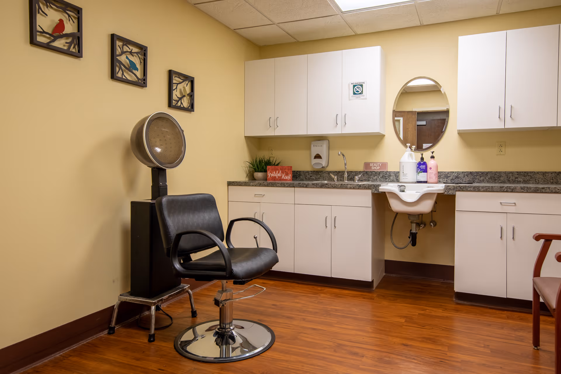 Interior view of a beauty shop area in a senior living facility with a black salon chair and a hair dryer hood. The room has white cabinets, a granite countertop, a small sink, and an oval mirror. There are decorative bird wall hangings on the beige wall and various bottles and a plant on the countertop.