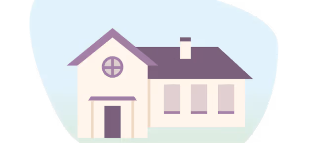 Illustration of a house with a purple roof, a chimney, a round window above the entrance, and three rectangular windows on the side.