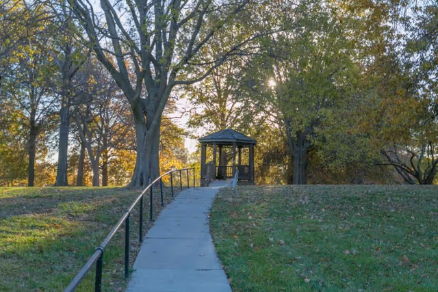 Concrete path with a handrail leading up a grassy hill to a wooden gazebo surrounded by large trees in autumn light.