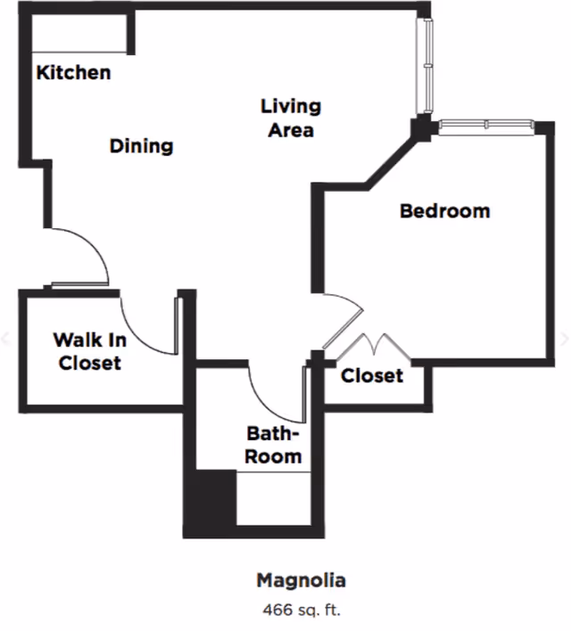 Floor plan layout of a 466 square feet apartment named Magnolia at Hunt Trace, showing a kitchen, dining area, living area, bedroom with closet, walk-in closet, and bathroom.