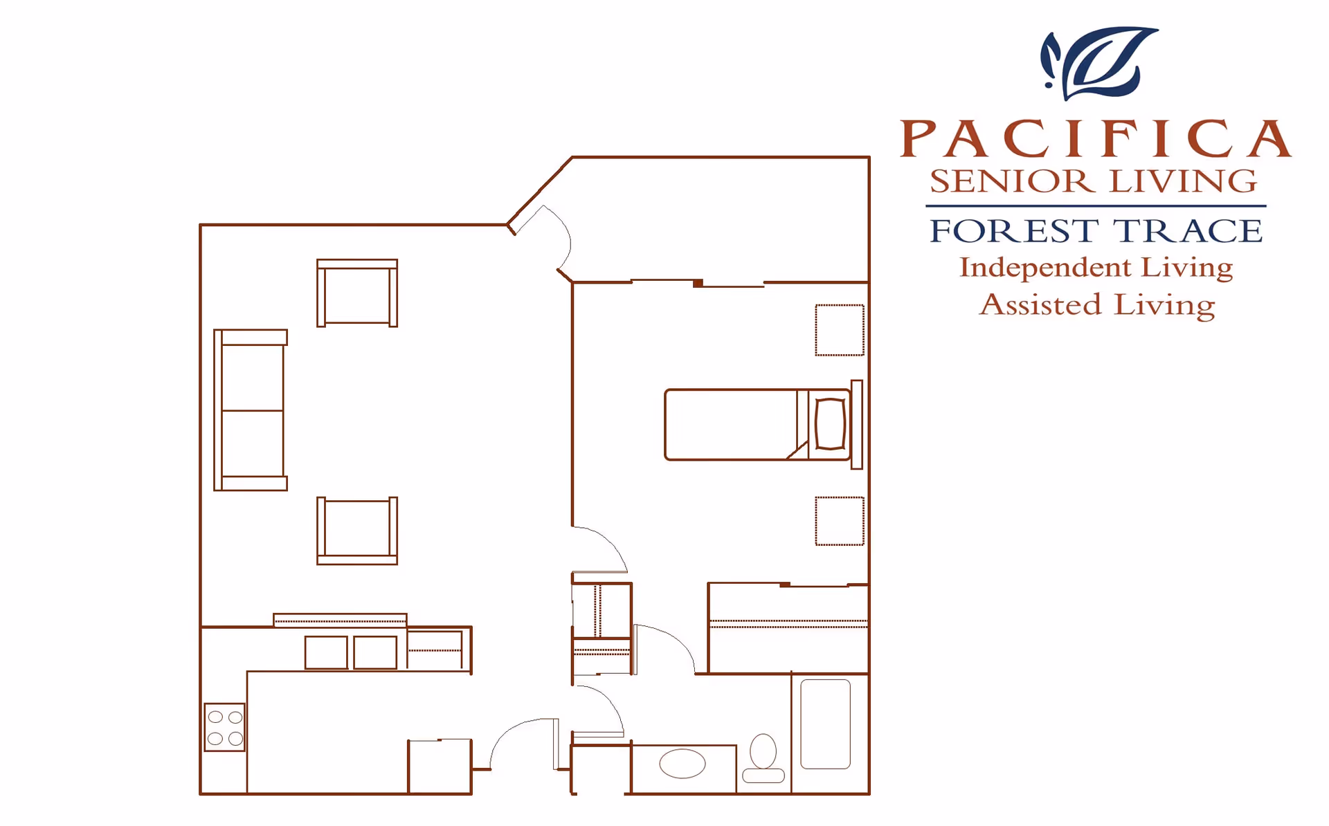 Floor plan of a senior living apartment at Forest Trace Senior Living, showing a layout with a living room furnished with a sofa and chairs, a kitchen area with appliances, a bedroom with a bed and nightstands, and a bathroom with a toilet, sink, and bathtub.