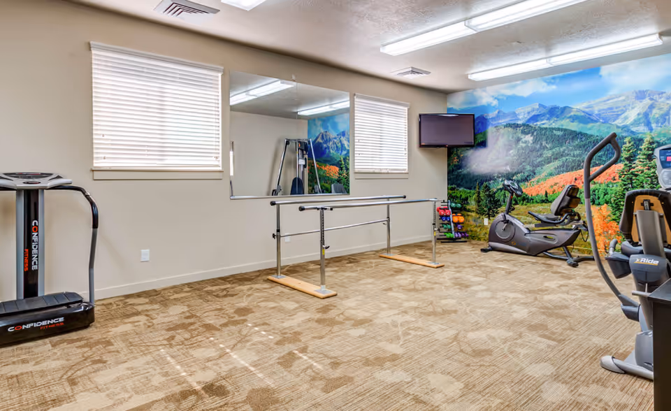 A senior living facility exercise room with fitness equipment including a treadmill, recumbent bike, elliptical machine, and a set of parallel bars. The room has beige walls, two windows with blinds, a large mirror, a colorful mural of a mountain landscape on one wall, and a small rack of dumbbells. A flat-screen TV is mounted on the wall above the dumbbells.