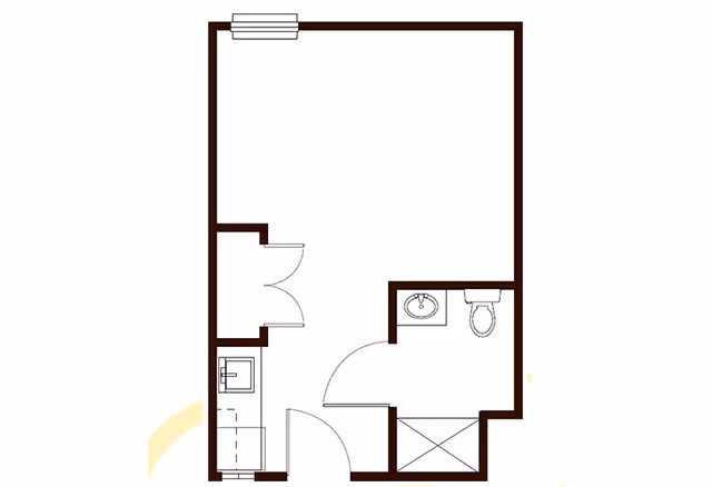 Simple studio floor plan showing an entry, kitchenette, bathroom with sink and toilet, closet, and a main living/sleeping area with a window.