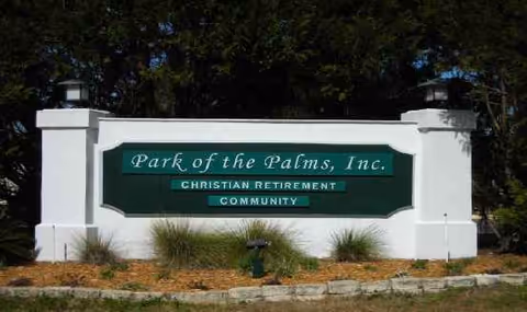 Exterior entrance sign for Park of the Palms, Christian Retirement Community.