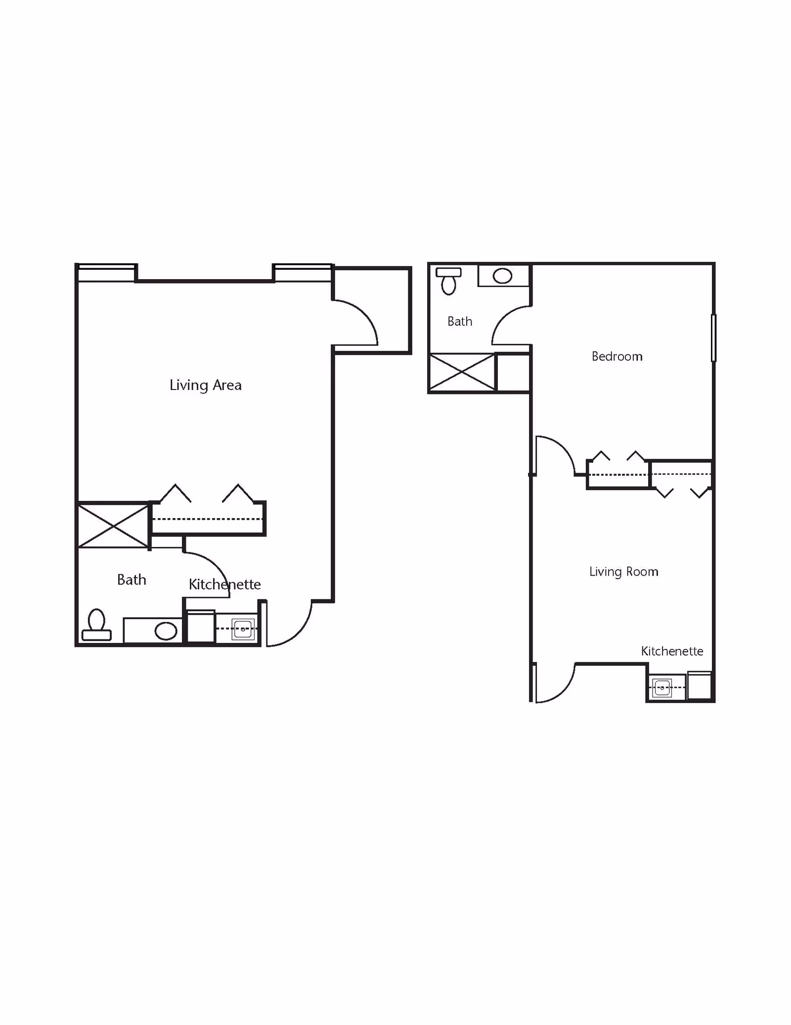 Floor plan showing two layouts. The left layout includes a living area, bath, and kitchenette. The right layout includes a bedroom, bath, living room, and kitchenette.