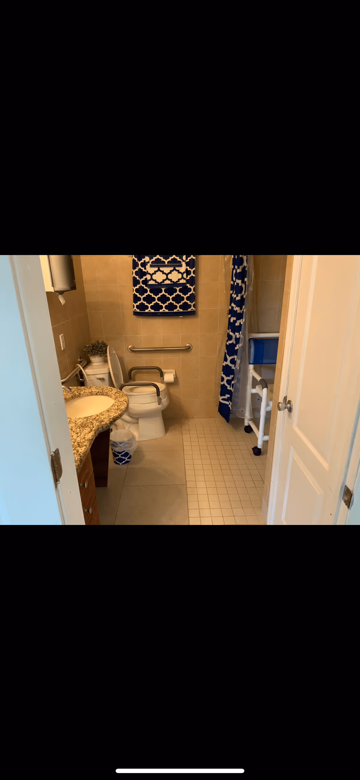 Accessible bathroom with a toilet and grab bar, granite sink countertop, and a shower with a blue patterned curtain.