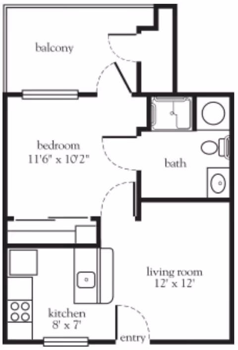 Floor plan of an apartment unit showing a bedroom measuring 11 feet 6 inches by 10 feet 2 inches, a bathroom with a shower, toilet, and sink, a living room measuring 12 feet by 12 feet, a kitchen measuring 8 feet by 7 feet with a stove and sink, an entry area, and a balcony.