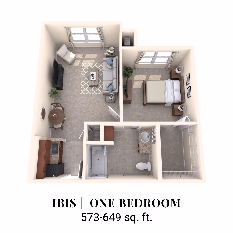 3D floor plan of a one-bedroom apartment named IBIS, featuring a living room with a sofa, armchair, coffee table, TV, and small dining table. The bedroom has a bed, two nightstands, a TV, and a closet. The kitchen includes cabinets, a sink, and appliances. There is a bathroom with a shower, toilet, and sink. The total area is 573-649 square feet.