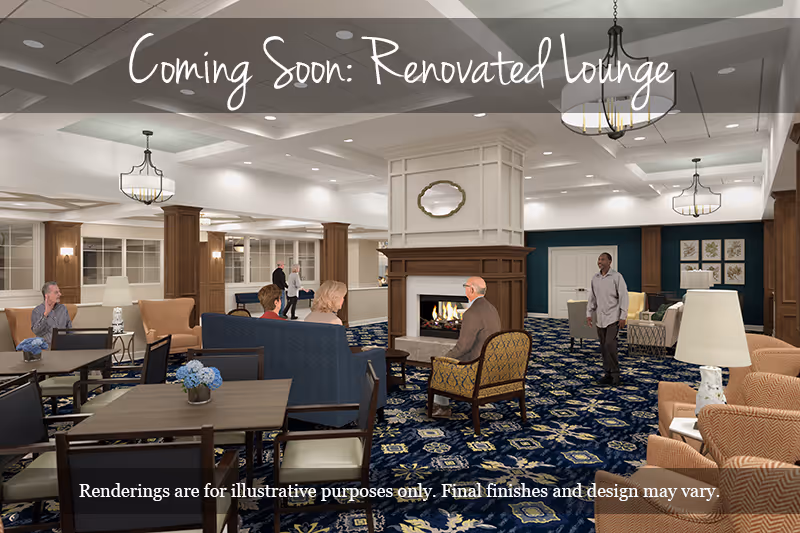 A spacious lounge area with multiple seating arrangements including armchairs and sofas around a central fireplace. The room features a patterned carpet, wooden columns, and modern light fixtures. Several people are sitting and standing, engaging in conversation. Text at the top reads 'Coming Soon: Renovated Lounge' and a disclaimer at the bottom states 'Renderings are for illustrative purposes only. Final finishes and design may vary.'