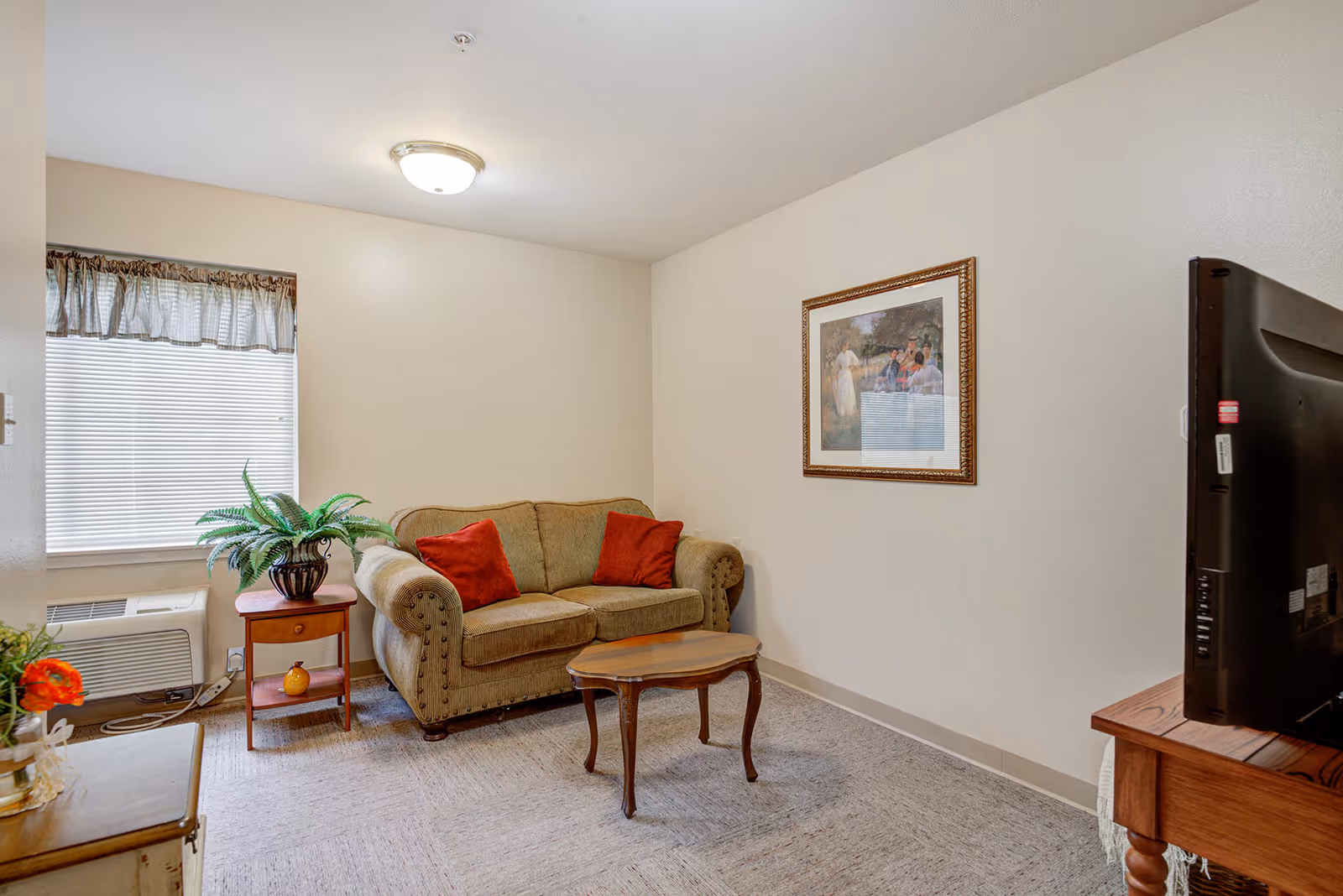 Small sitting area with a sofa, coffee table, television, and a side table with a potted plant by a window.