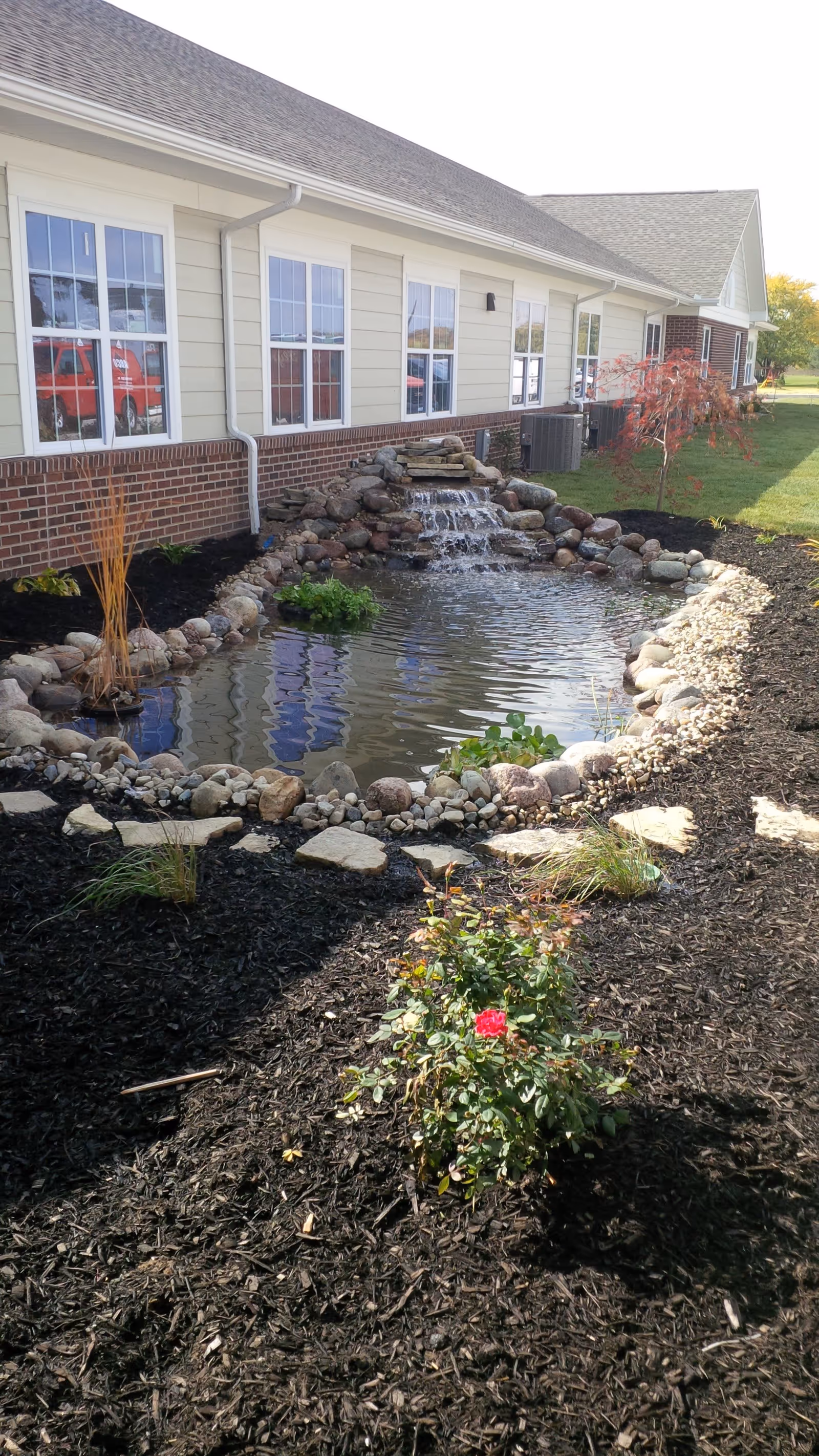 Outdoor garden area at The Meadows of Ottawa featuring a small pond with a cascading waterfall surrounded by rocks, mulch, and various plants including a small flowering bush in the foreground. The side of a building with multiple windows is visible in the background.