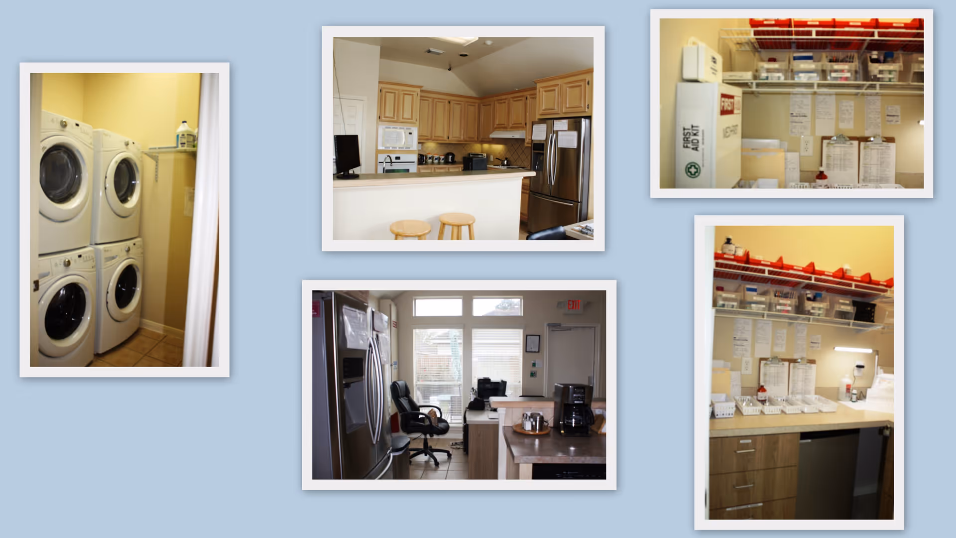 Collage of five images showing various interior spaces of a senior living facility. The images include a laundry room with stacked washers and dryers, a kitchen with wooden cabinets and stainless steel appliances, a workspace with a desk, office chair, and refrigerator near large windows, and two images of a medical supply area with shelves holding labeled containers, clipboards, and a first aid kit.