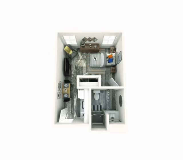 Top-down floor plan rendering of a studio apartment showing a bed, seating area, kitchenette and bathroom.