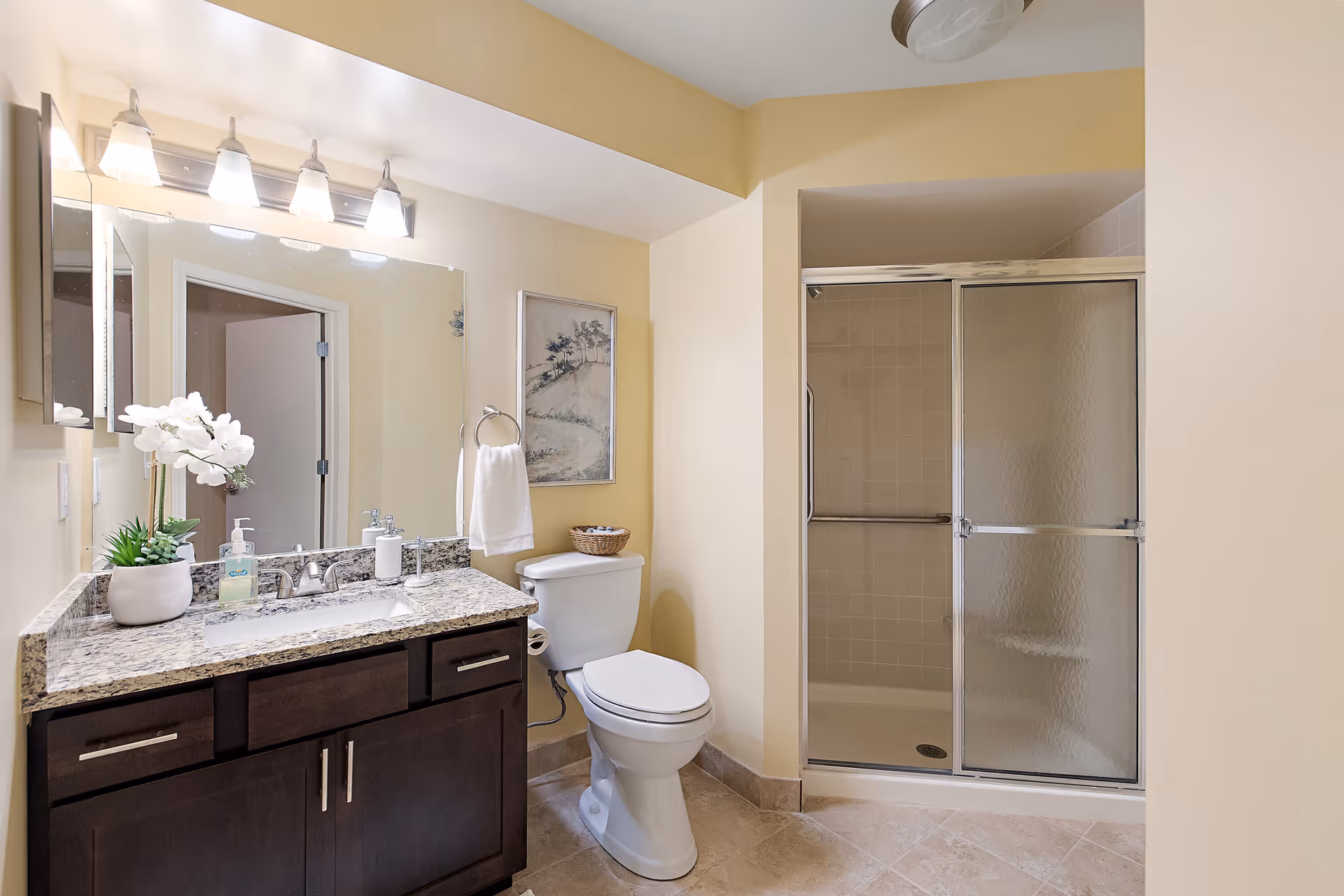 A clean and well-lit bathroom featuring a granite countertop with a sink, a large mirror with four light fixtures above it, a white toilet, a towel ring with a white towel, a framed artwork on the wall, and a glass-enclosed shower with sliding doors.