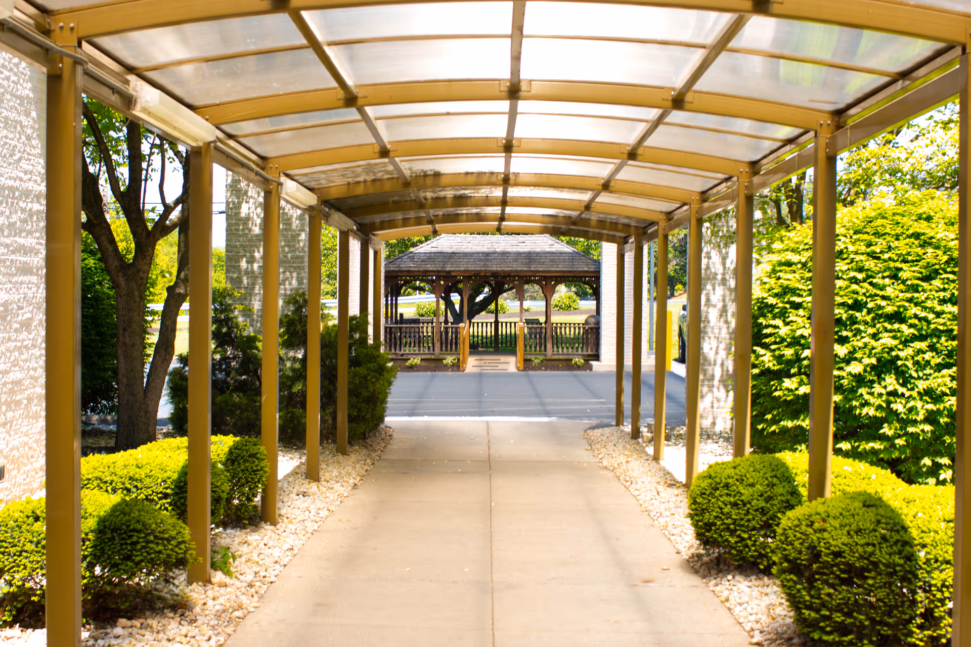 Covered walkway with a transparent roof leading to a wooden gazebo surrounded by greenery and bushes on both sides.