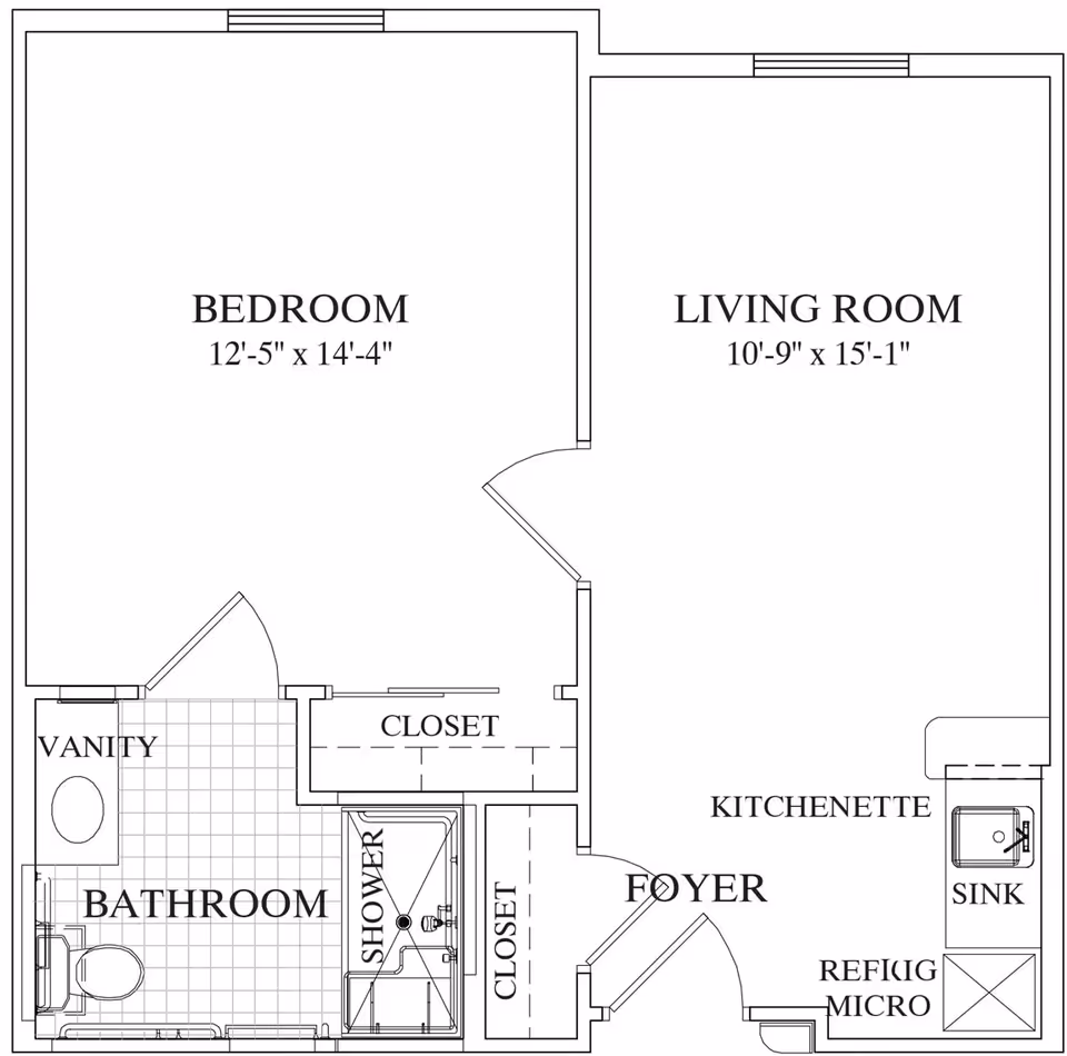 Architectural floor plan of a living space at Isle at Raider Ranch showing a bedroom measuring 12 feet 5 inches by 14 feet 4 inches, a living room measuring 10 feet 9 inches by 15 feet 1 inch, a bathroom with vanity, toilet, and shower, two closets, a foyer, and a kitchenette with a sink, refrigerator, and microwave.