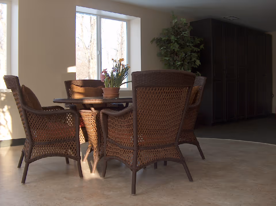 Wicker chairs arranged around a round table with a potted plant in a sunlit interior seating area.