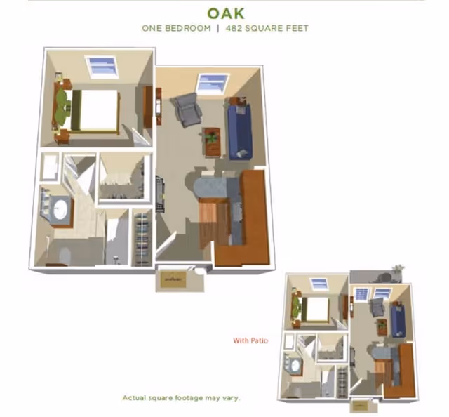 3D floor plan of a one-bedroom apartment named Oak, with 482 square feet. The layout includes a bedroom with a bed and nightstands, a bathroom with a sink and shower, a closet, a living room with a sofa, armchair, coffee table, and TV stand, and a kitchen area with cabinets and a counter. There is also an option shown with a patio.