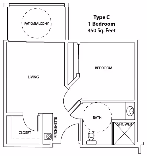 Floor plan of a Type C one-bedroom apartment with 450 square feet, showing a living area, bedroom, bathroom with shower, closet, kitchenette, and a patio/balcony.
