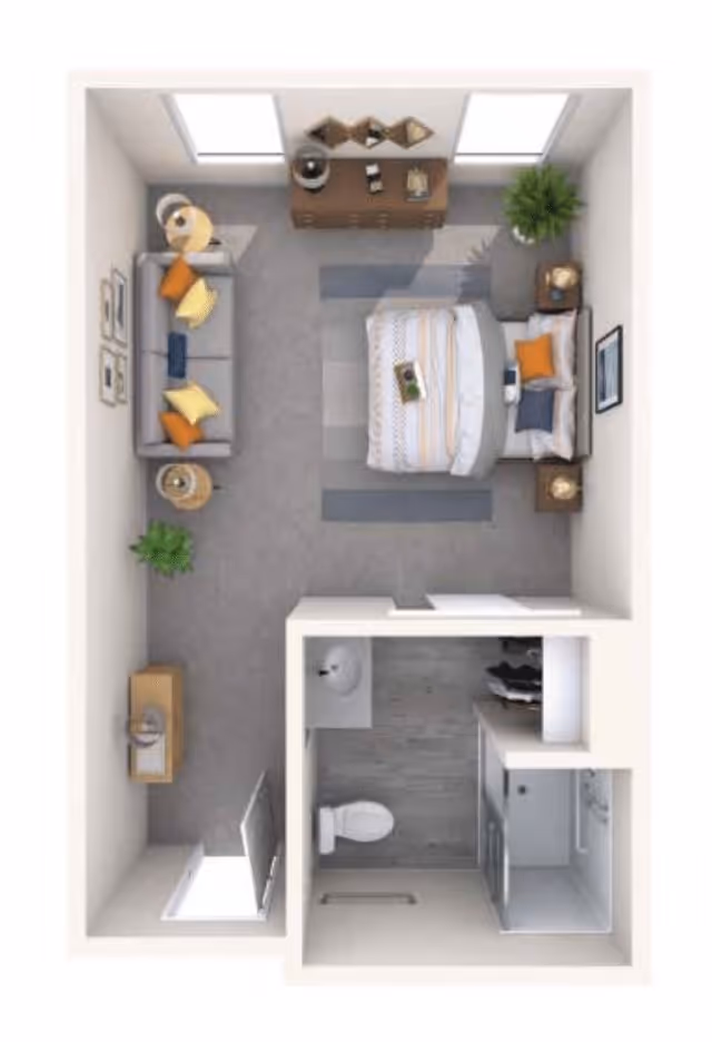 Top-down view of a studio apartment layout featuring a bedroom area with a bed, nightstands, and a dresser, a living area with a sofa and side tables, and a bathroom with a toilet, sink, and shower.