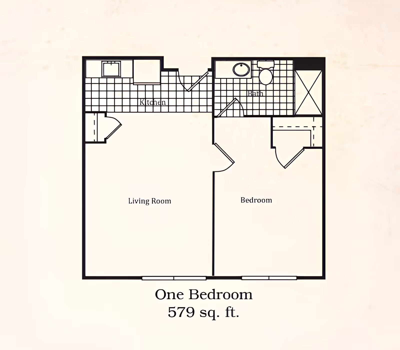 Floor plan of a one-bedroom apartment with a total area of 579 square feet. The layout includes a living room, kitchen, bedroom, and bathroom. The kitchen and bathroom have tiled floors, and the bedroom has a closet.
