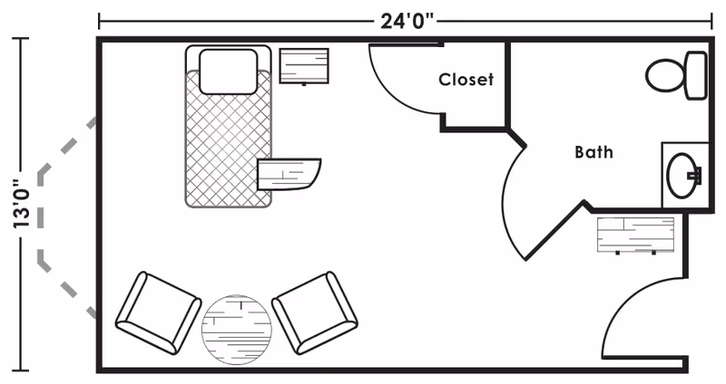 Floor plan of a room measuring 24 feet by 13 feet, showing a bed with a side table, a closet, a bathroom with a toilet and sink, and a seating area with two chairs and a round table.