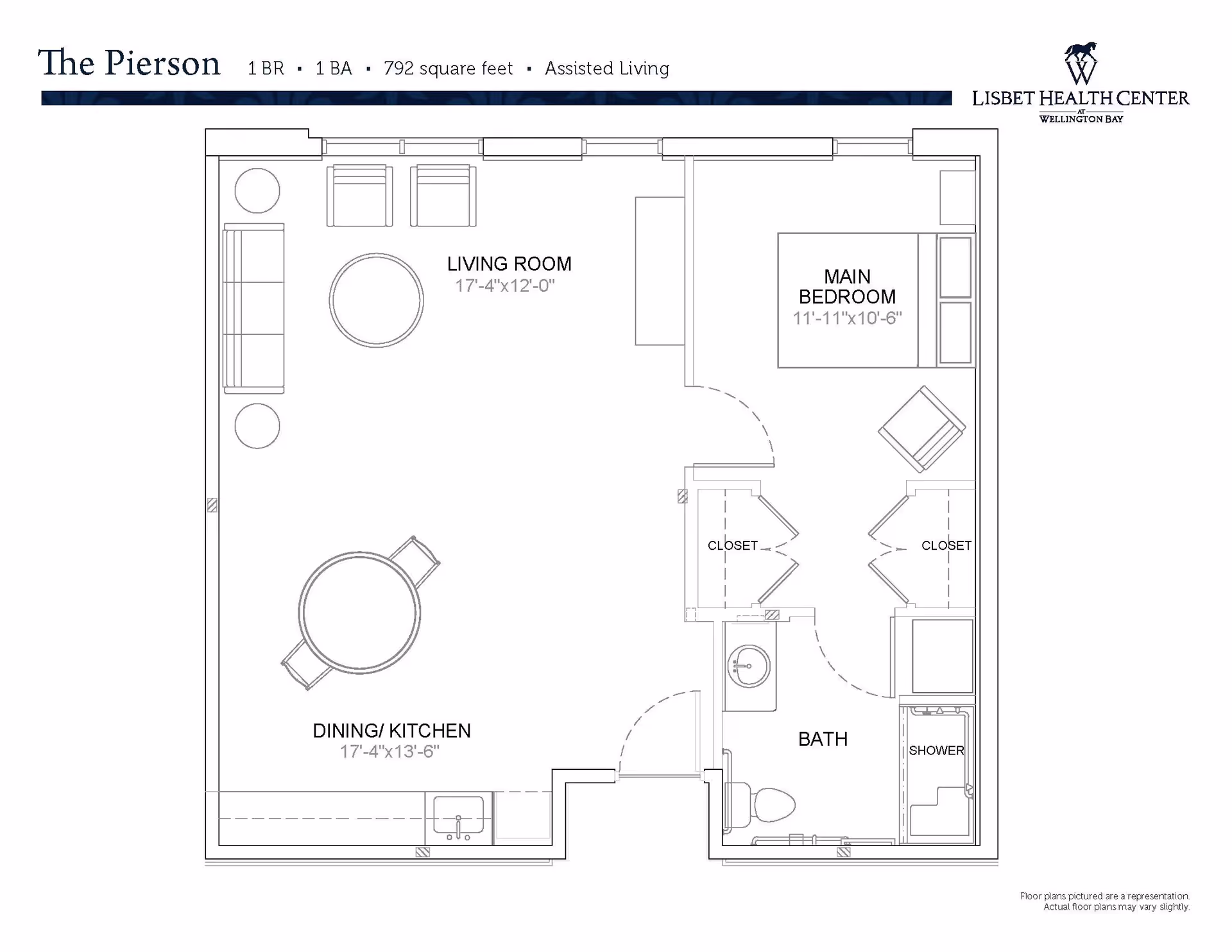 Floor plan of a one-bedroom, one-bath assisted living apartment showing labeled living room, dining/kitchen, main bedroom, bath and closets.