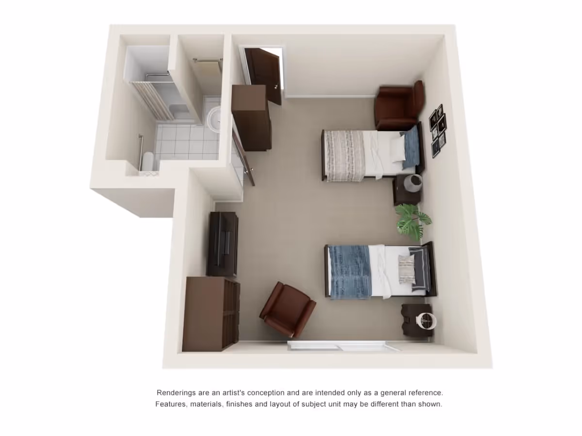 3D rendered floor plan of a small two-bed apartment showing two twin beds, a bathroom, seating, TV stand and entry door.
