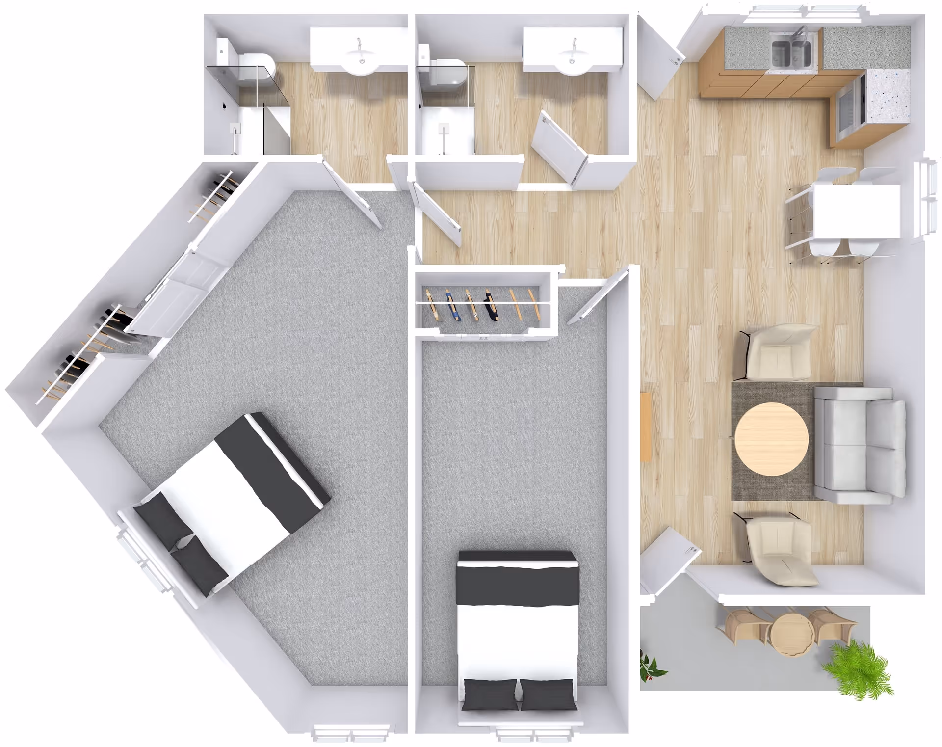 Top-down floor plan of a senior living apartment showing two bedrooms, two bathrooms, a kitchen with dining area, a living room with sofa and chairs, and a small outdoor patio with a table and two chairs.