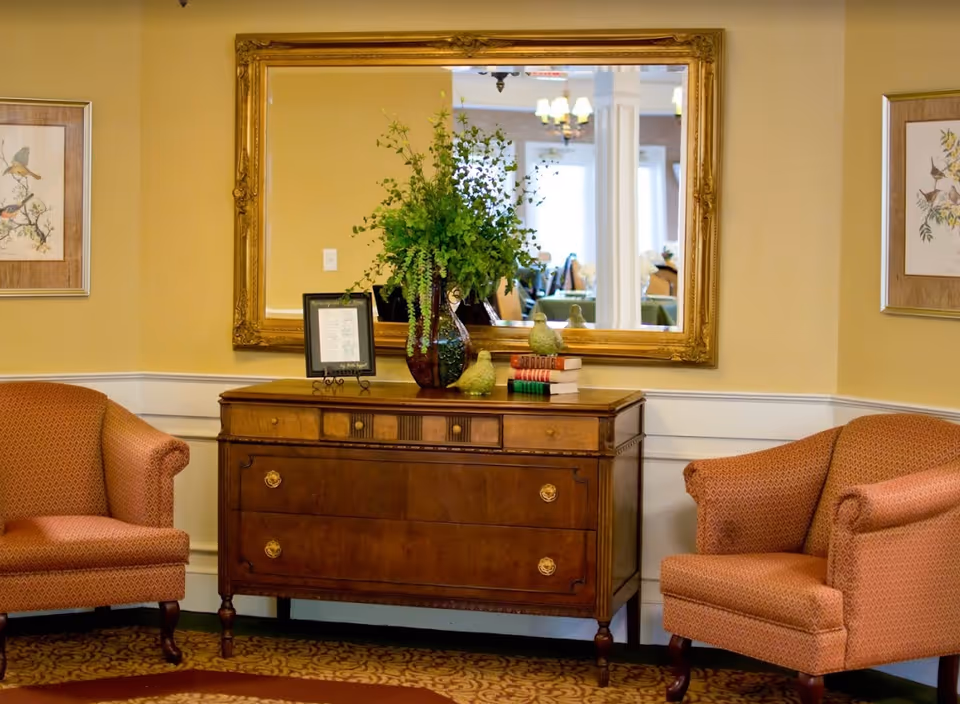 A cozy sitting area with two patterned armchairs on either side of a wooden dresser. On the dresser, there is a large vase with green foliage, a small framed picture, decorative bird figurines, and a stack of books. A large ornate gold-framed mirror hangs on the wall above the dresser, reflecting part of the room with chandeliers and windows. The walls are painted yellow with white wainscoting, and there are framed bird illustrations on either side of the mirror.