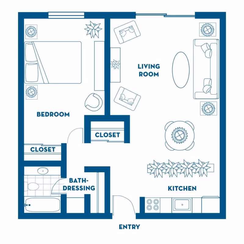 Floor plan of a one-bedroom apartment at Hawthorne Court showing an entry leading into a combined living room and kitchen area, a bedroom with two closets, and a bathroom with a dressing area.