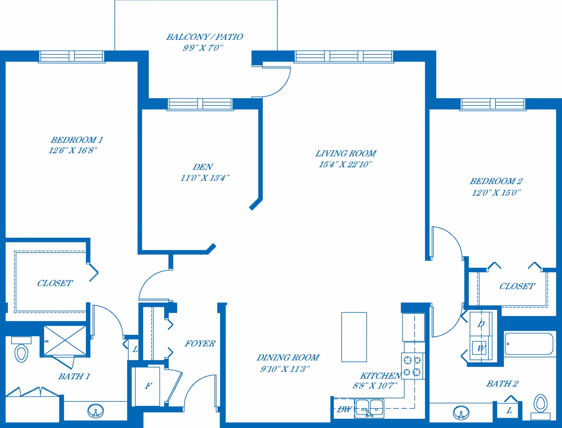 Architectural floor plan of a residential unit at Vi at The Glen showing two bedrooms, two bathrooms, a den, living room, dining room, kitchen, foyer, closets, and a balcony/patio with dimensions labeled for each room.