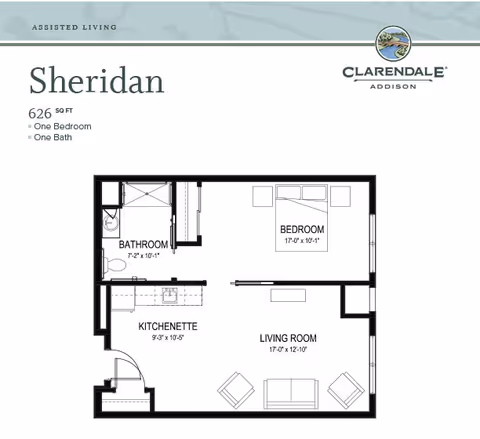 Floor plan of Sheridan unit at Clarendale of Addison showing a one-bedroom, one-bath assisted living apartment with a kitchenette, living room, bedroom, and bathroom. The total area is 626 square feet.