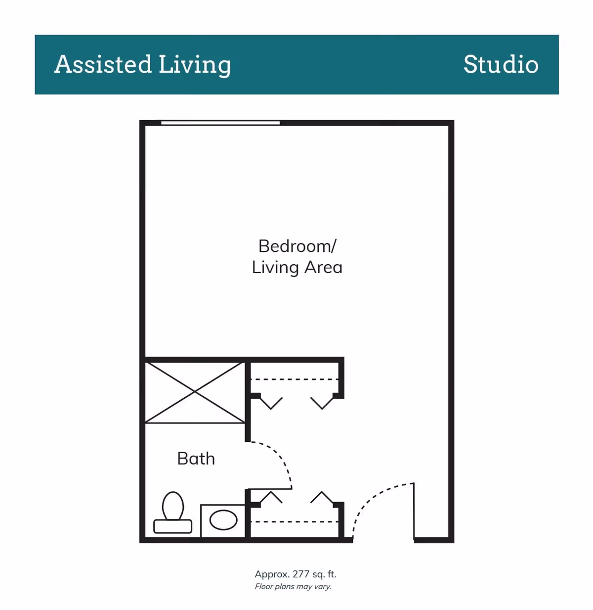 Floor plan of a studio assisted living unit at Vista Veranda, showing a combined bedroom and living area, a bathroom with a toilet and sink, and closet spaces near the entrance. The total area is approximately 277 square feet.